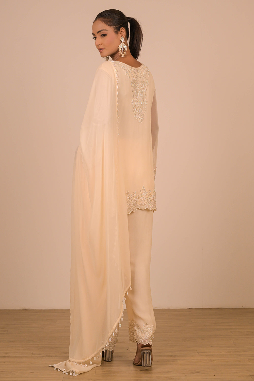 Cream Crepe Short Suit Set with Pearl Moti Embroidery