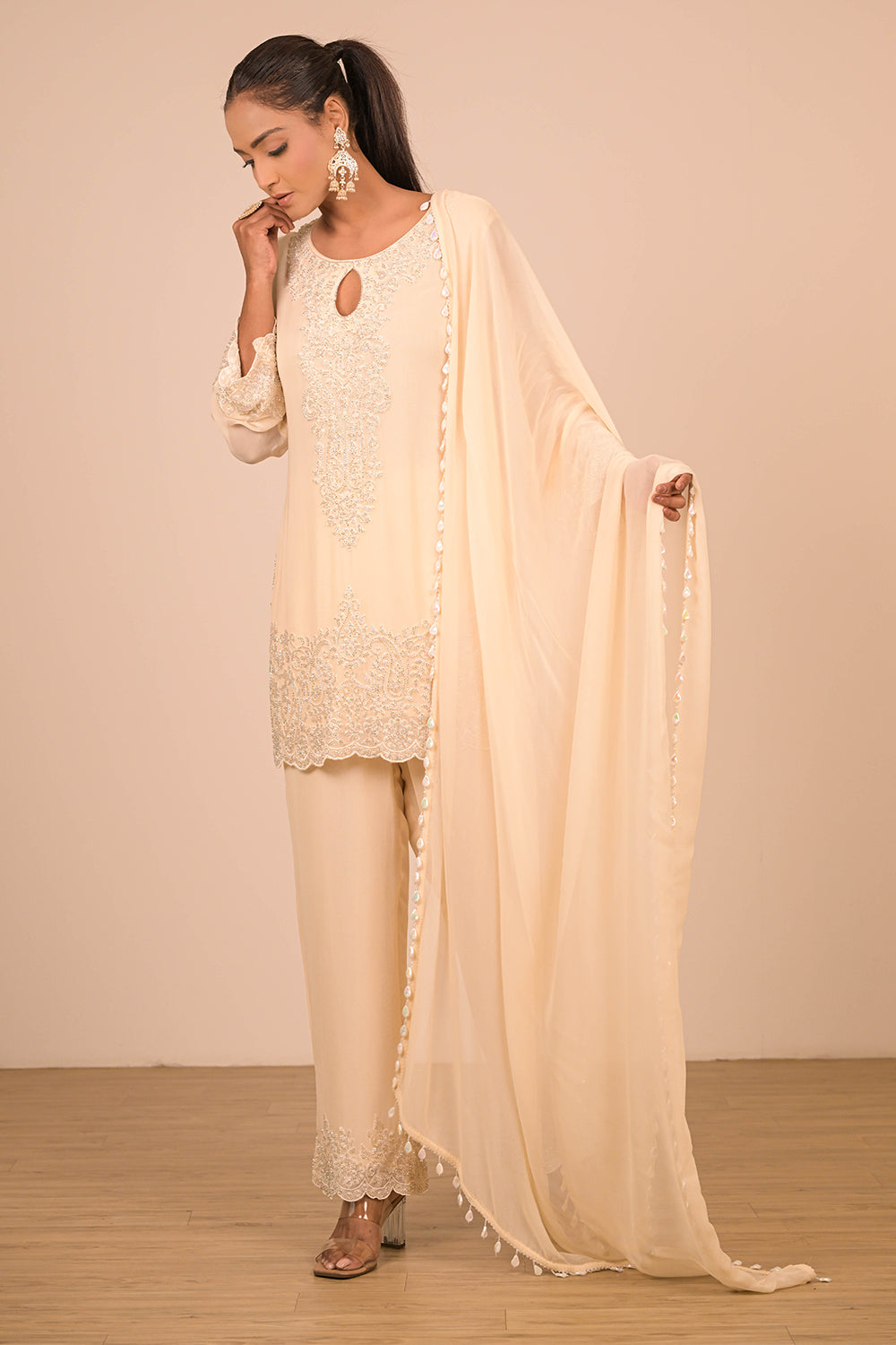 Cream Crepe Short Suit Set with Pearl Moti Embroidery