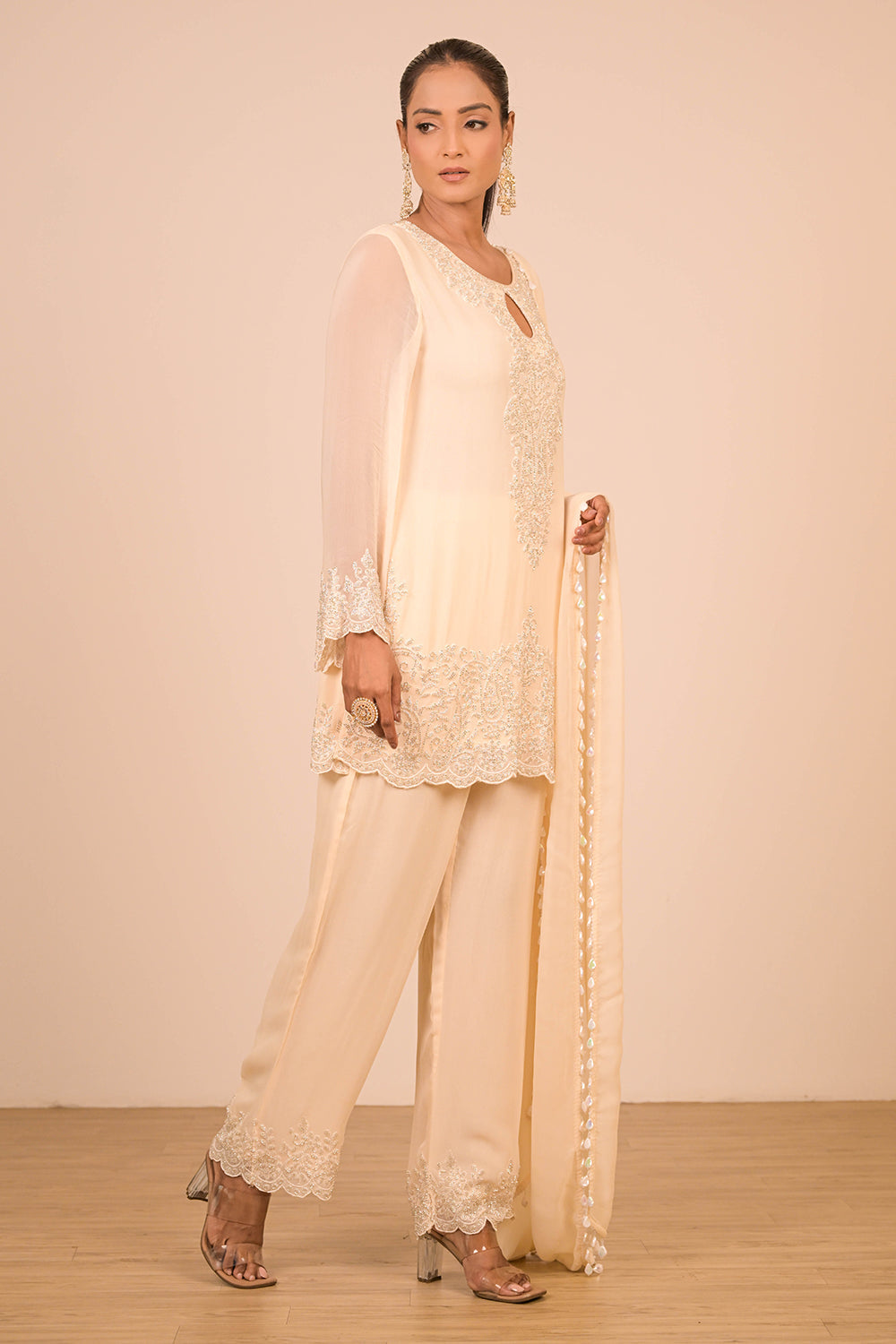 Cream Crepe Short Suit Set with Pearl Moti Embroidery