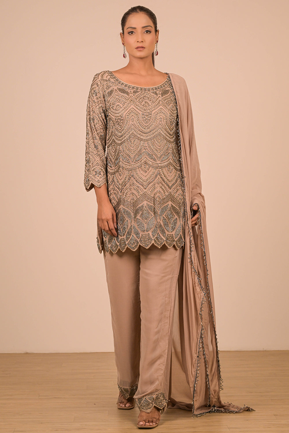 Fawn Short Kurti Suit Set In Georgette with Intricate Moti Embroidery