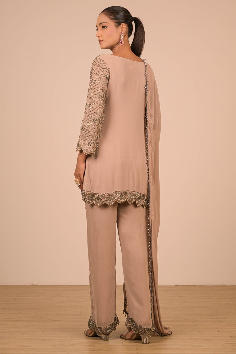 Fawn Short Kurti Suit Set In Georgette with Intricate Moti Embroidery