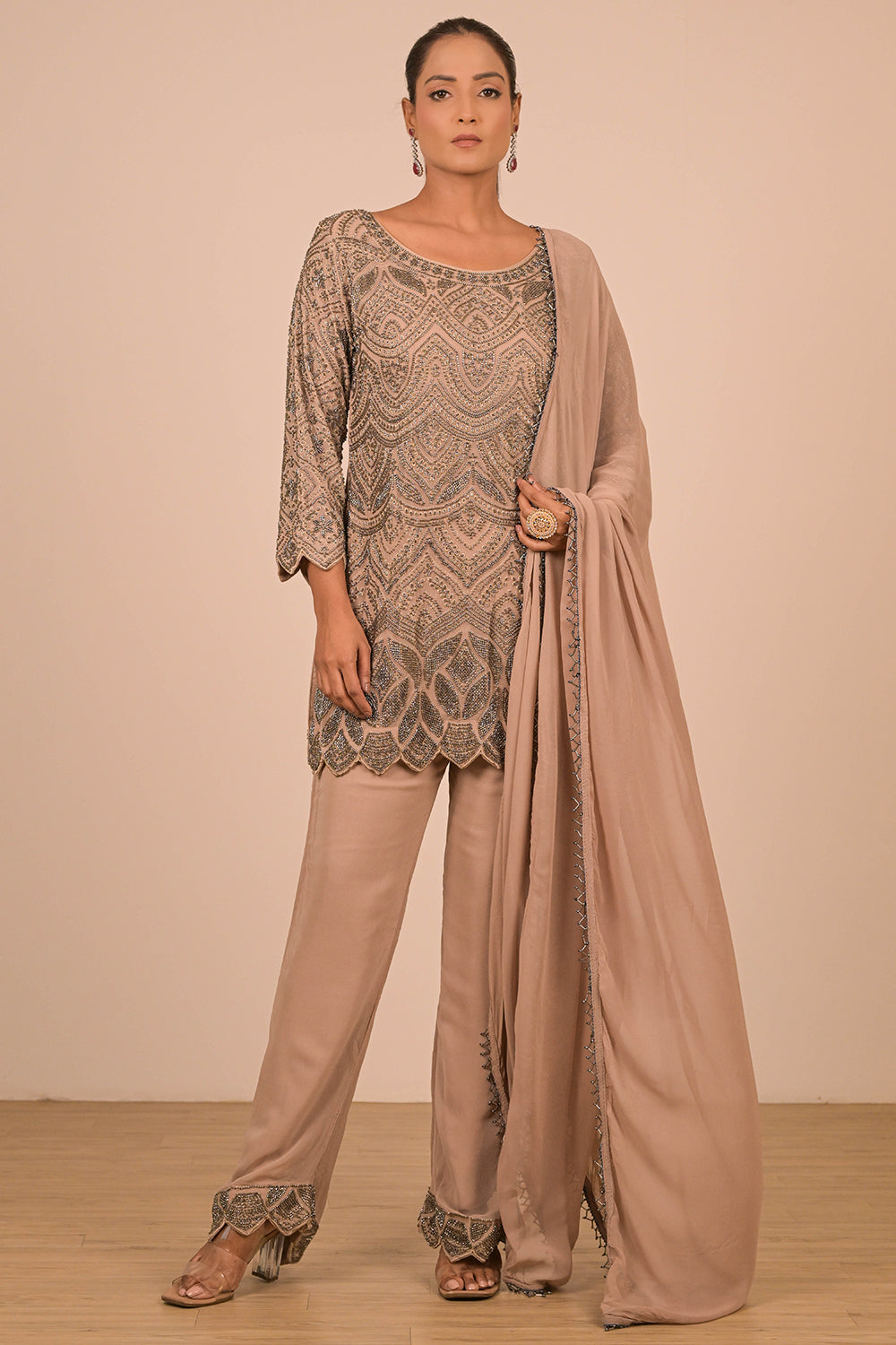Fawn Short Kurti Suit Set In Georgette with Intricate Moti Embroidery