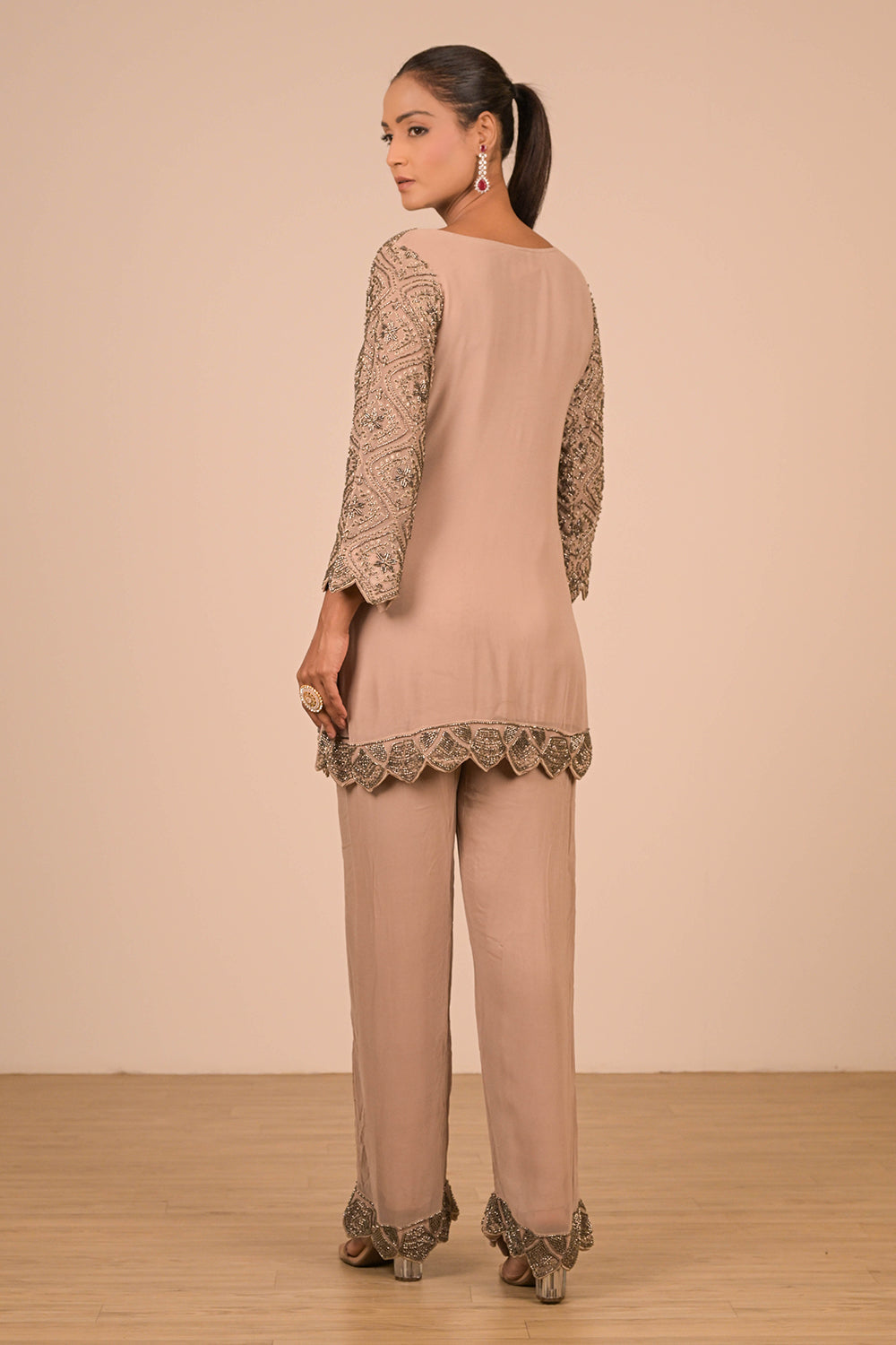 Fawn Short Kurti Suit Set In Georgette with Intricate Moti Embroidery