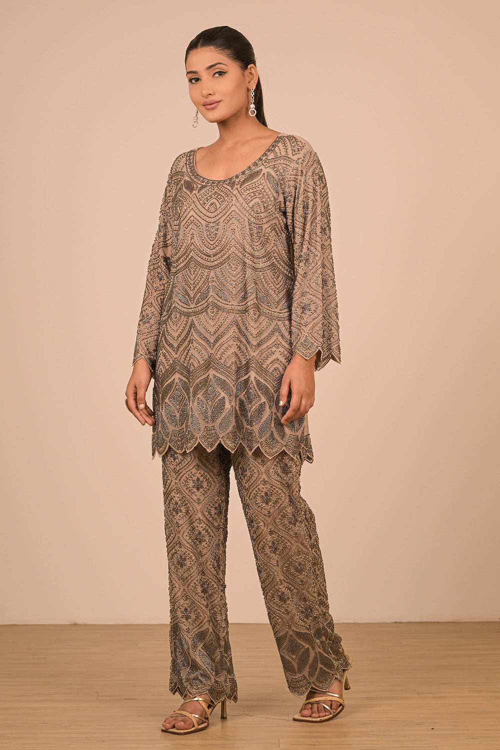 Green Georgette Suit Set with Intricate Moti Embroidery