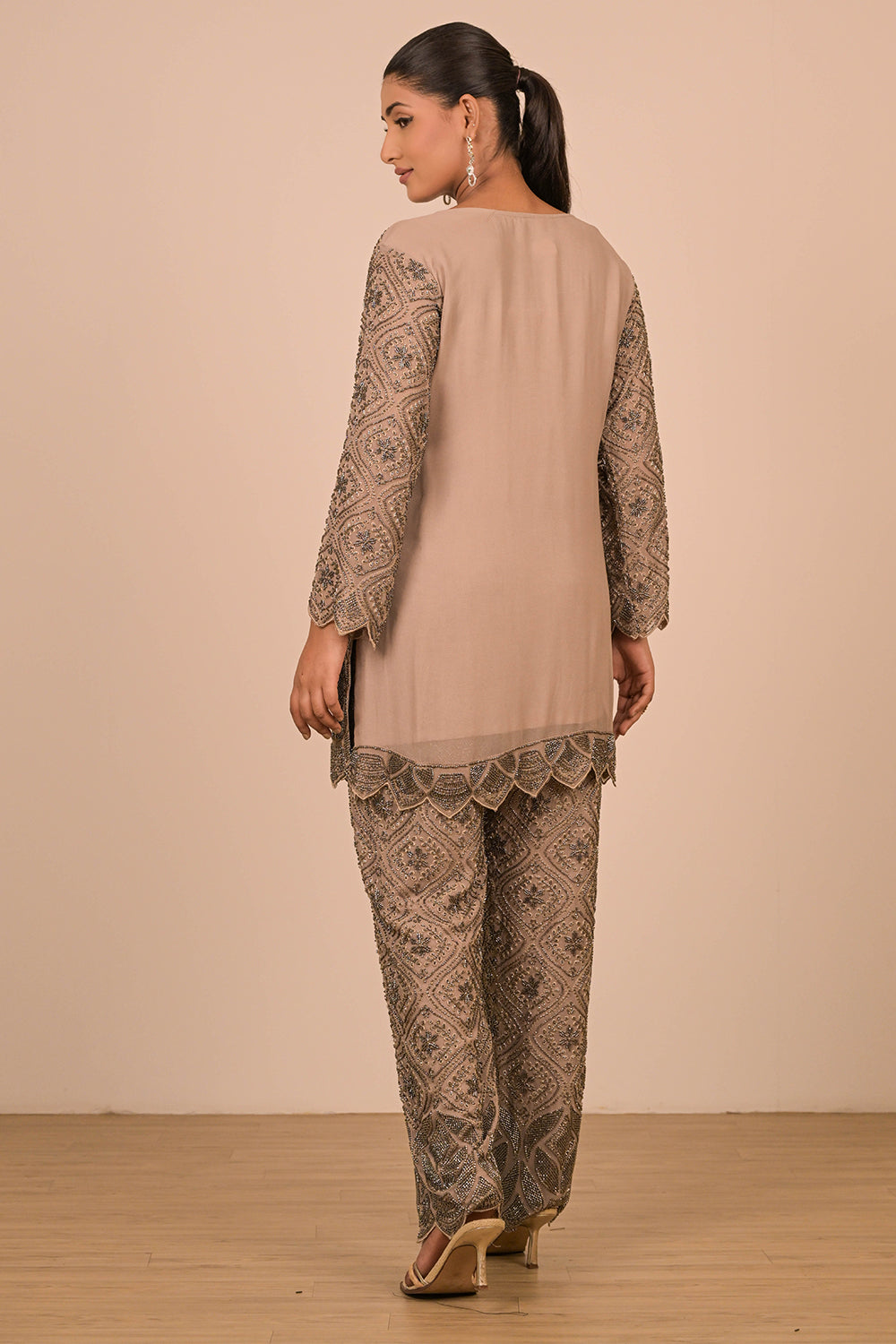 Green Georgette Suit Set with Intricate Moti Embroidery