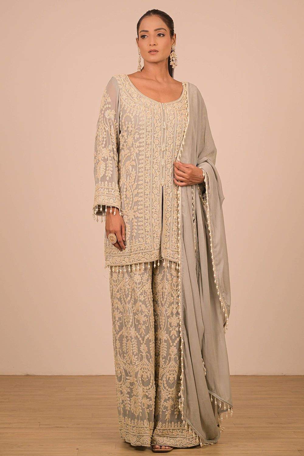 Grey Georgette Sharara Set with Intricate Moti Embroidery