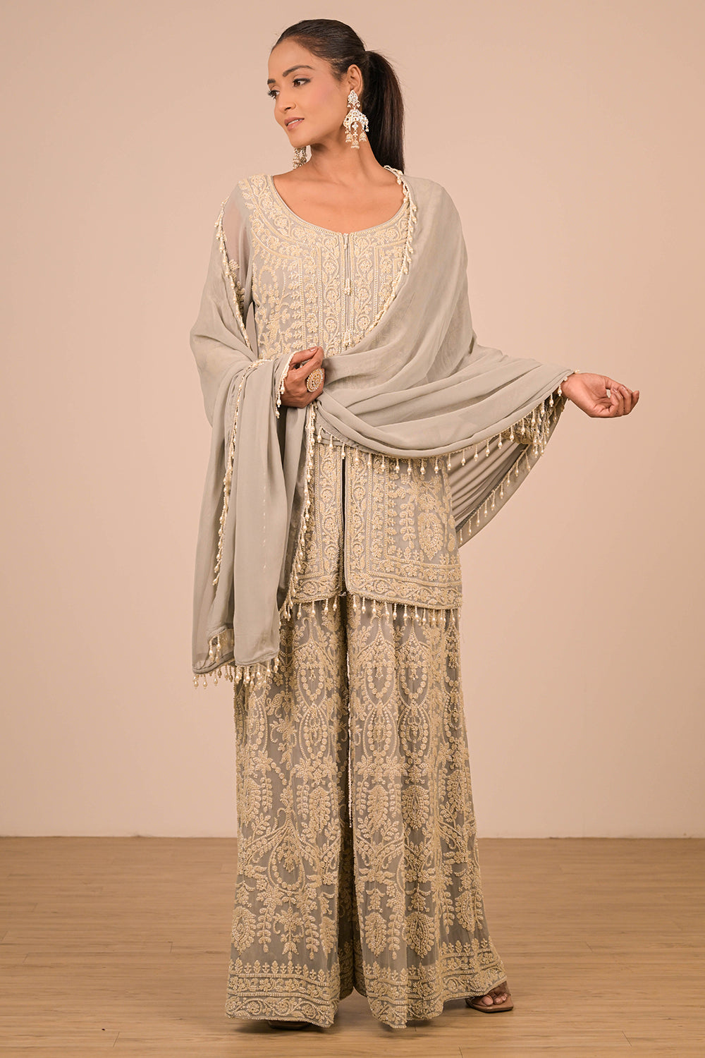 Grey Georgette Sharara Set with Intricate Moti Embroidery