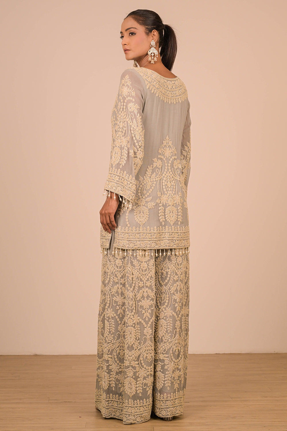 Grey Georgette Sharara Set with Intricate Moti Embroidery
