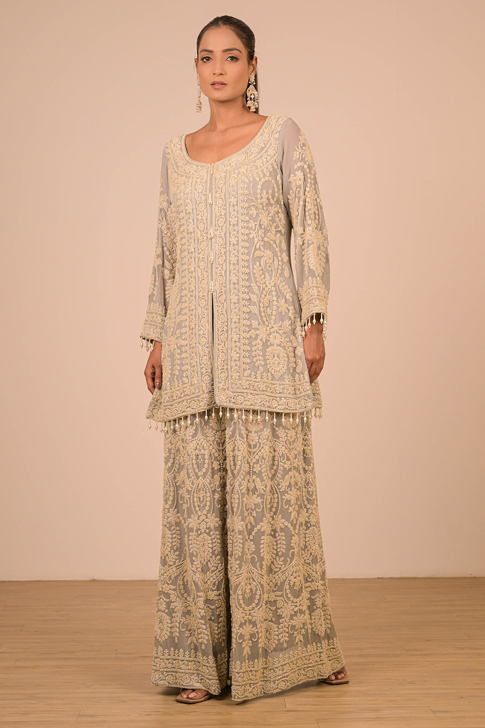 Grey Georgette Sharara Set with Intricate Moti Embroidery