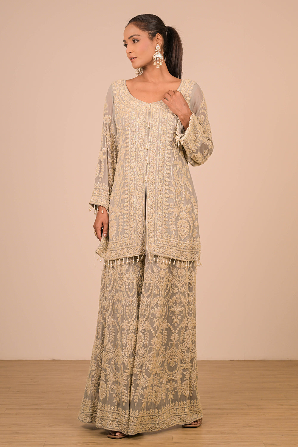 Grey Georgette Sharara Set with Intricate Moti Embroidery