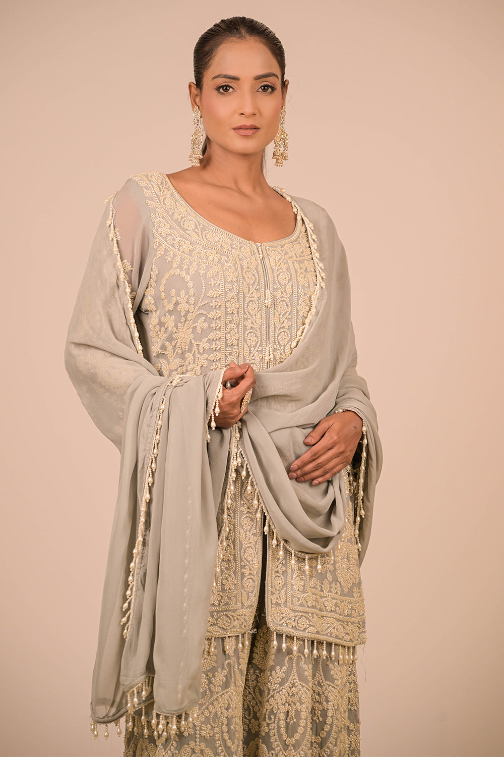 Grey Georgette Sharara Set with Intricate Moti Embroidery