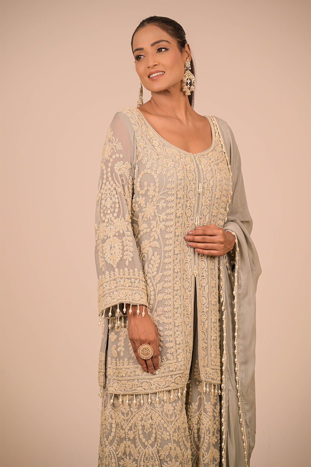 Grey Georgette Sharara Set with Intricate Moti Embroidery