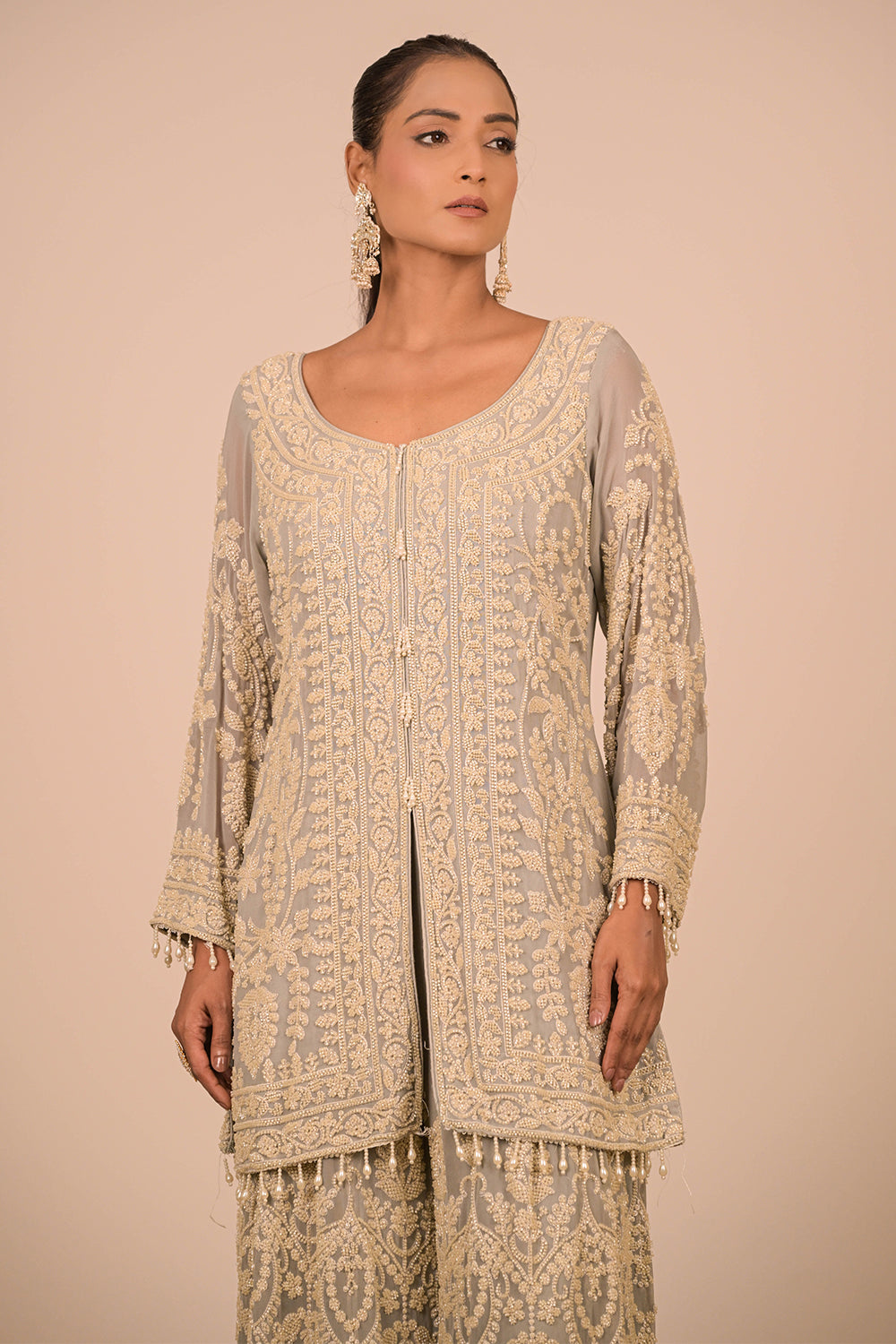 Grey Georgette Sharara Set with Intricate Moti Embroidery