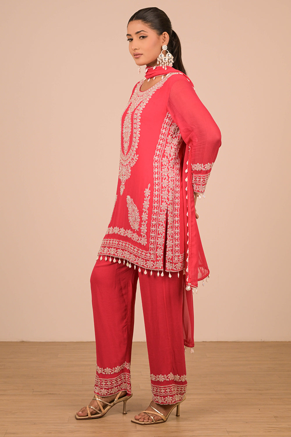 Hot Pink Georgette Suit Set with Intricate Moti Embroidery