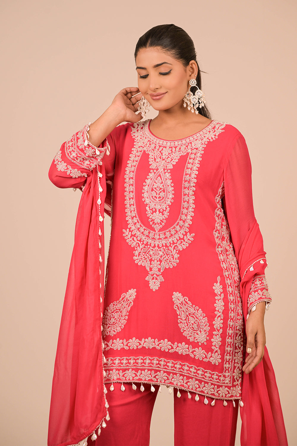 Hot Pink Georgette Suit Set with Intricate Moti Embroidery