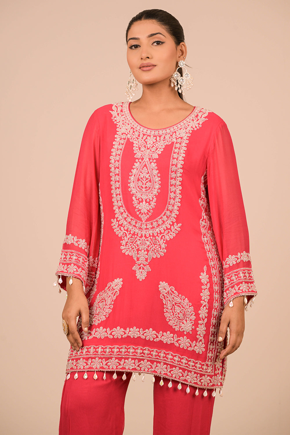 Hot Pink Georgette Suit Set with Intricate Moti Embroidery