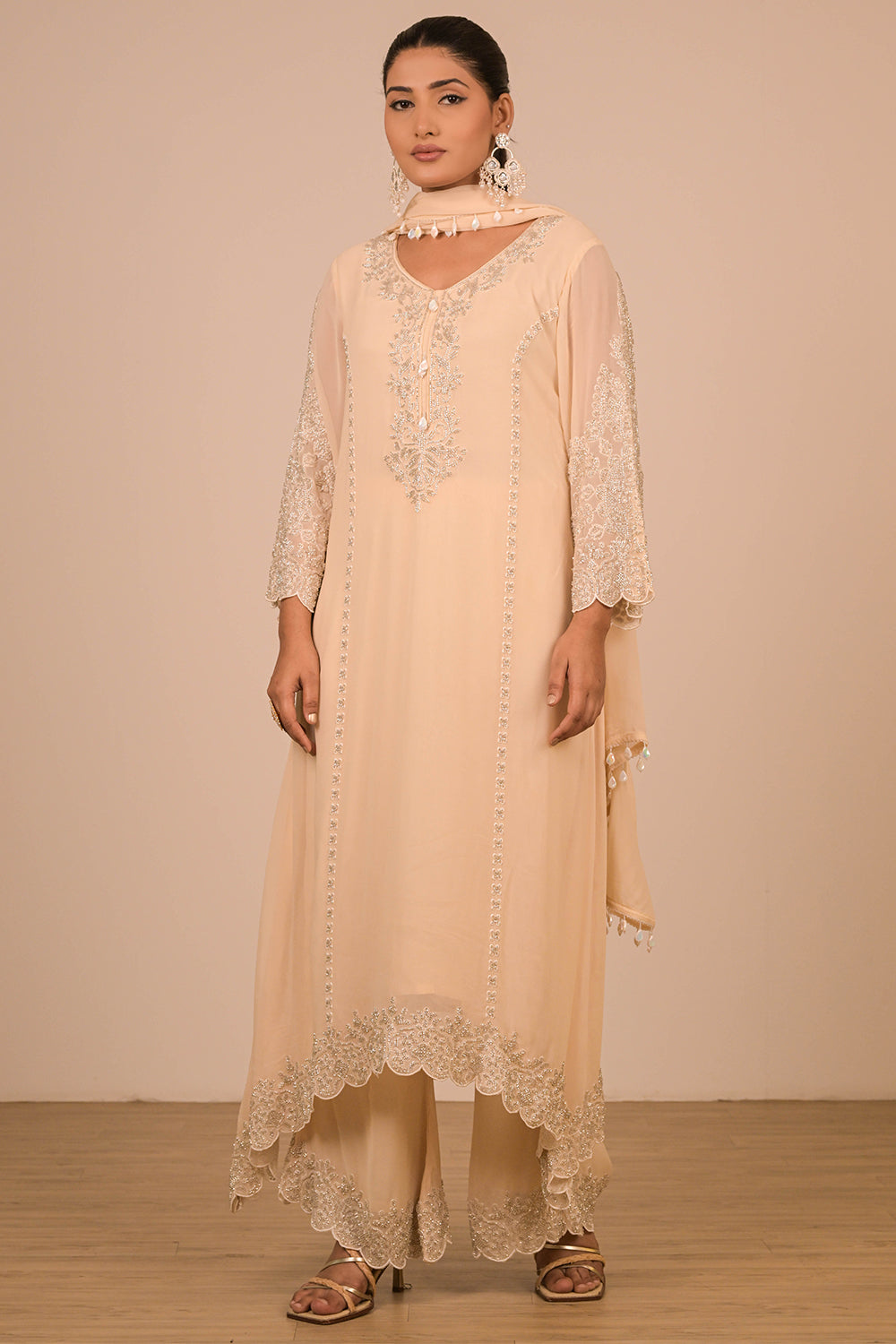 Ivory  Pearl Embroidered Georgette Suit Set with Scalloped Detailing & Tassel Dupatta