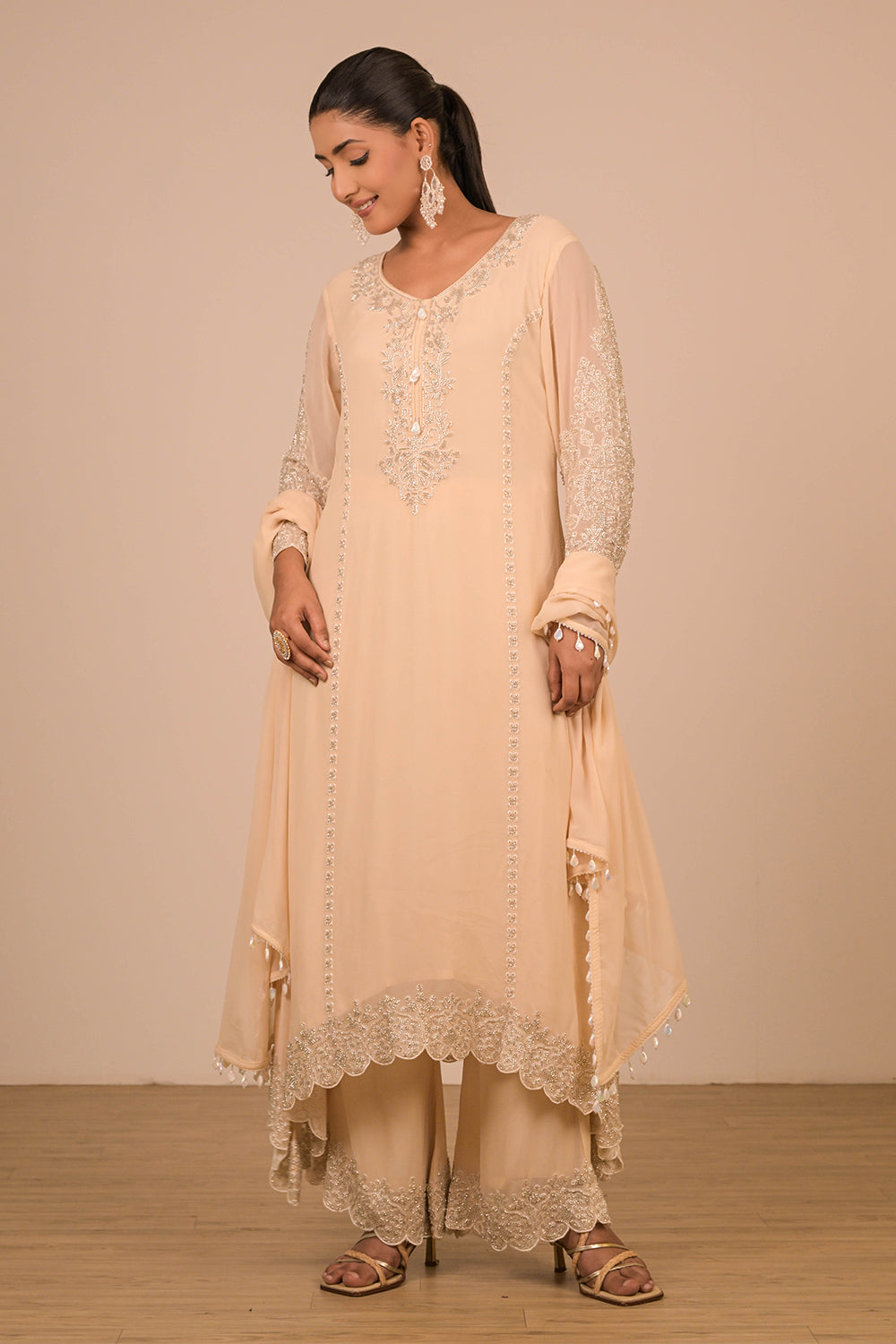 Ivory  Pearl Embroidered Georgette Suit Set with Scalloped Detailing & Tassel Dupatta