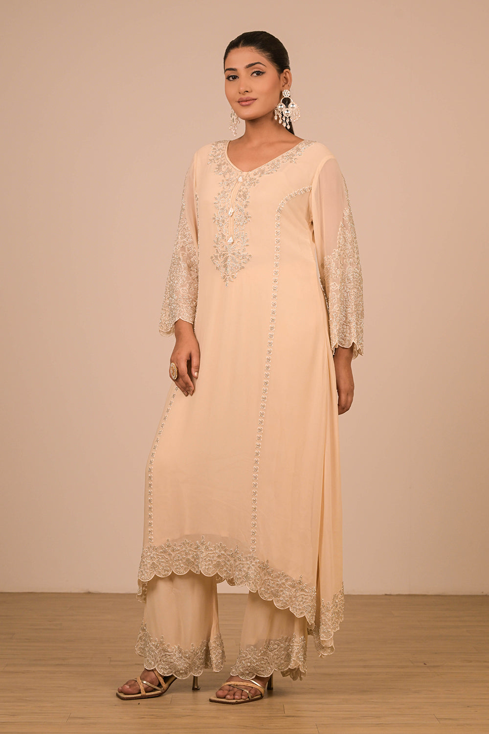 Ivory  Pearl Embroidered Georgette Suit Set with Scalloped Detailing & Tassel Dupatta