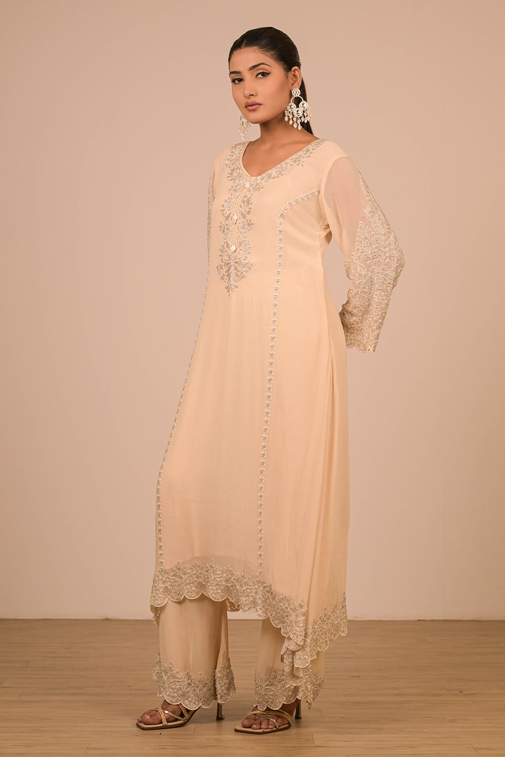 Ivory  Pearl Embroidered Georgette Suit Set with Scalloped Detailing & Tassel Dupatta