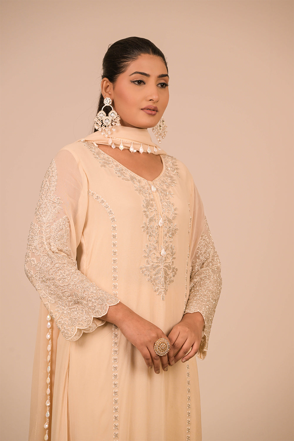 Ivory  Pearl Embroidered Georgette Suit Set with Scalloped Detailing & Tassel Dupatta