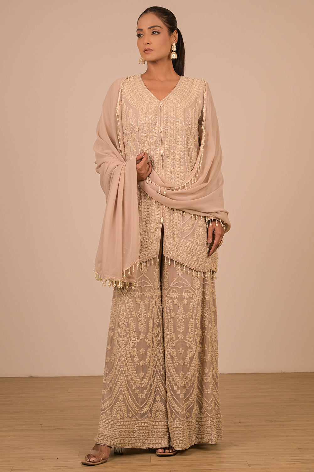 Lavender  Georgette Sharara Set with Intricate Moti Embroidery