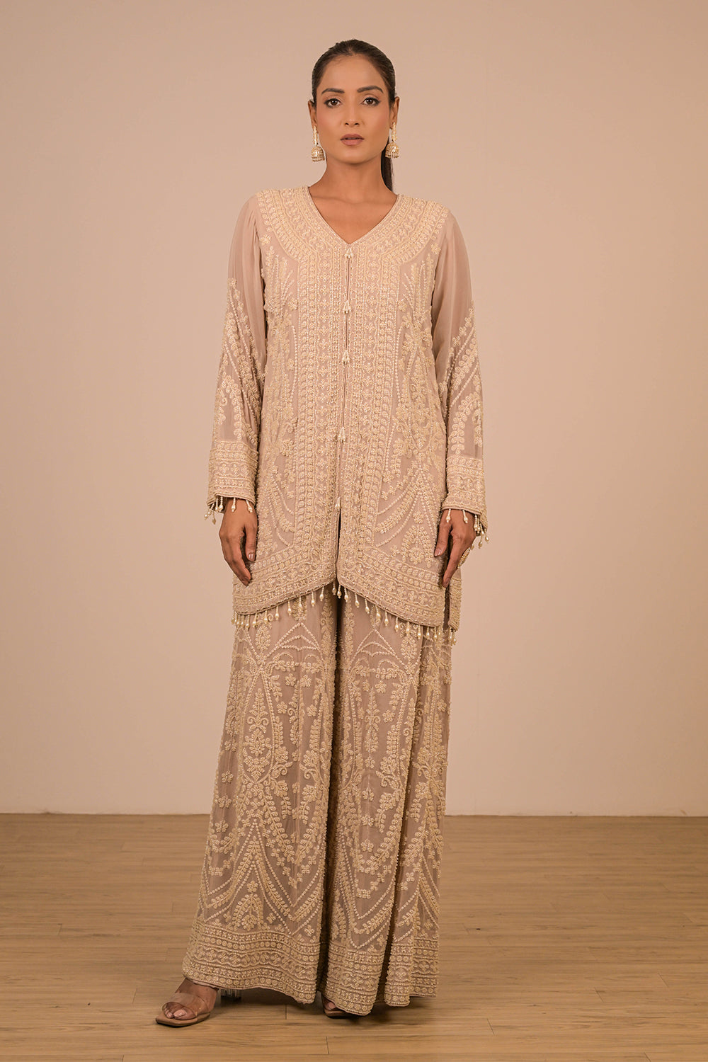 Lavender  Georgette Sharara Set with Intricate Moti Embroidery