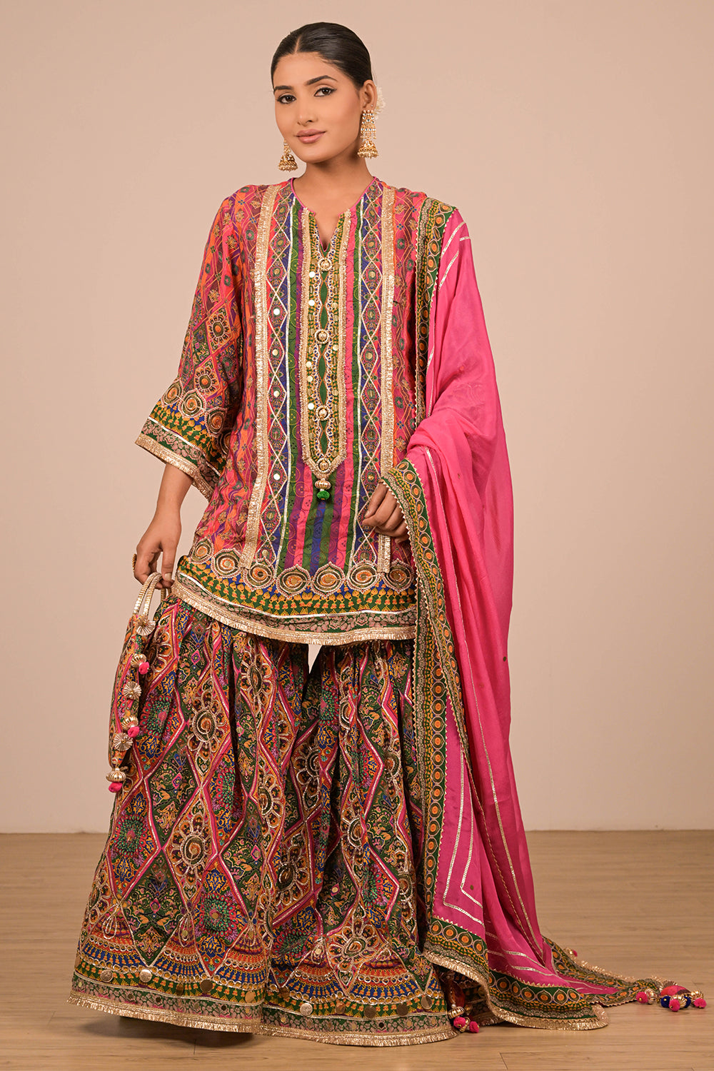 Magenta Crepe Sharara Set with Canvas Tote Bag with Vibrant Print Motifs