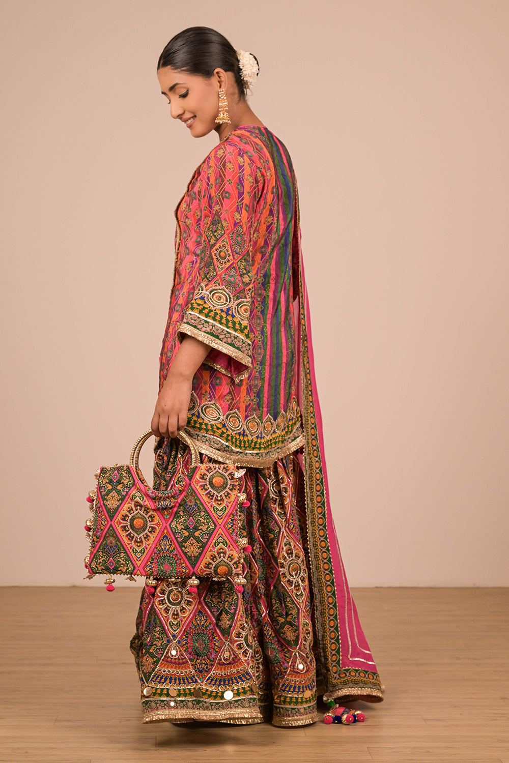 Magenta Crepe Sharara Set with Canvas Tote Bag with Vibrant Print Motifs