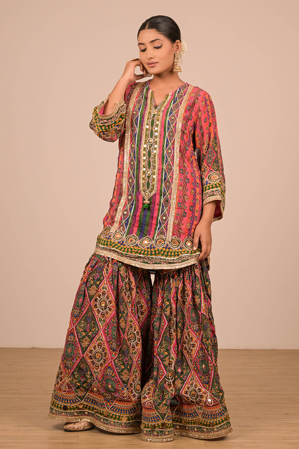 Magenta Crepe Sharara Set with Canvas Tote Bag with Vibrant Print Motifs