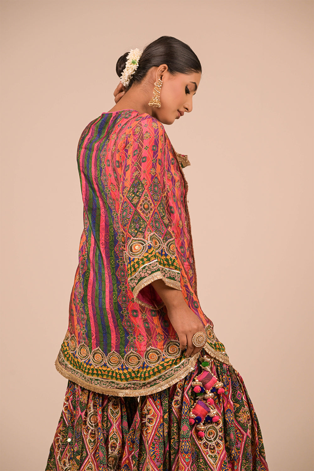 Magenta Crepe Sharara Set with Canvas Tote Bag with Vibrant Print Motifs
