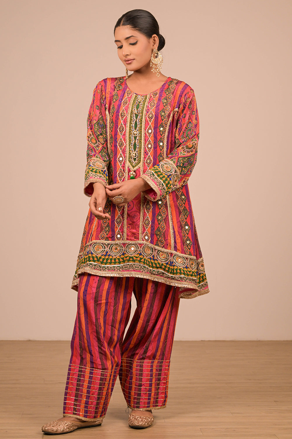 Magenta Crepe Suit Set with Farsi Salwar with Canvas Tote Bag