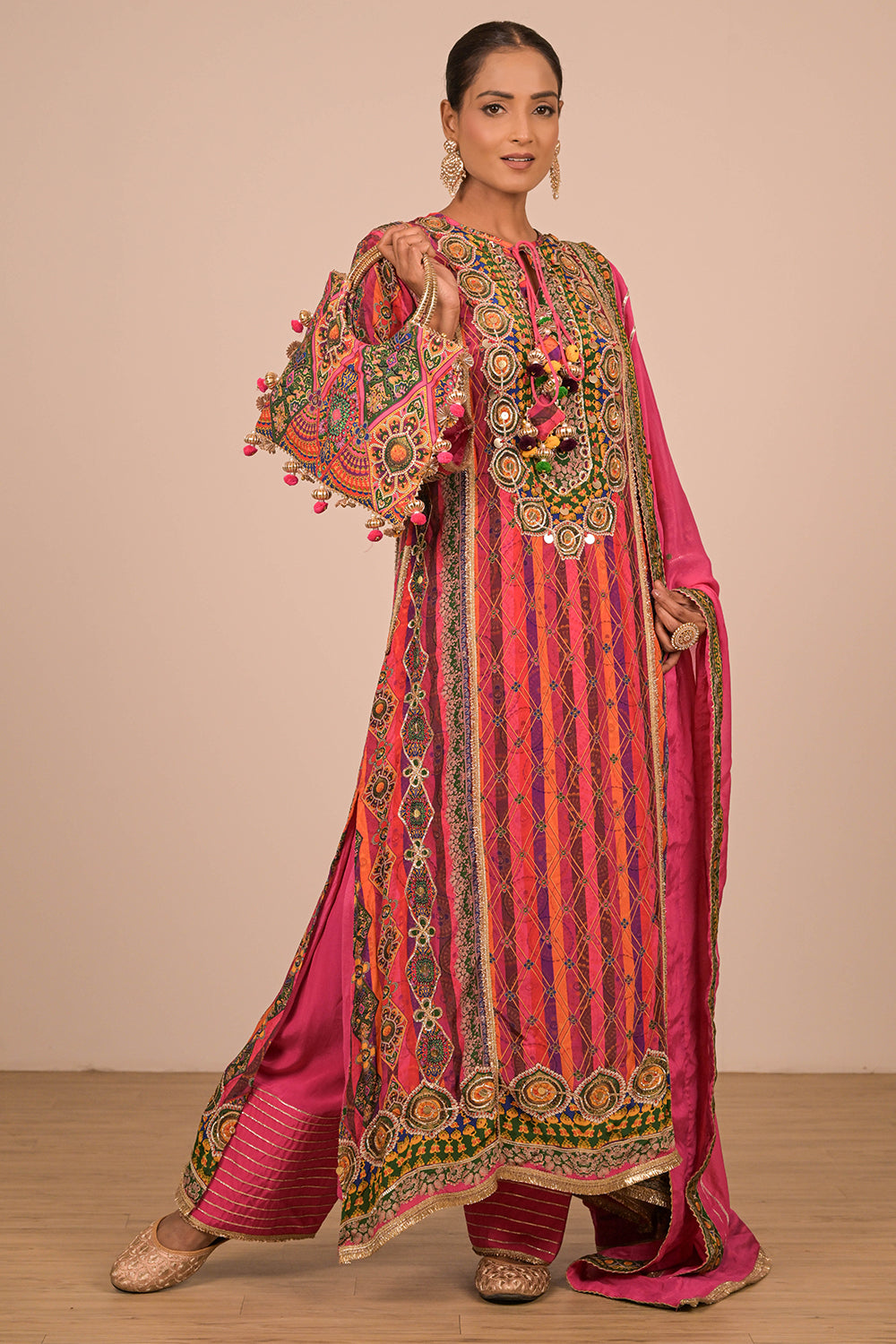 Magenta Embroidered Crepe A-Line Suit Set with Dupatta & Canvas Tote Bag
