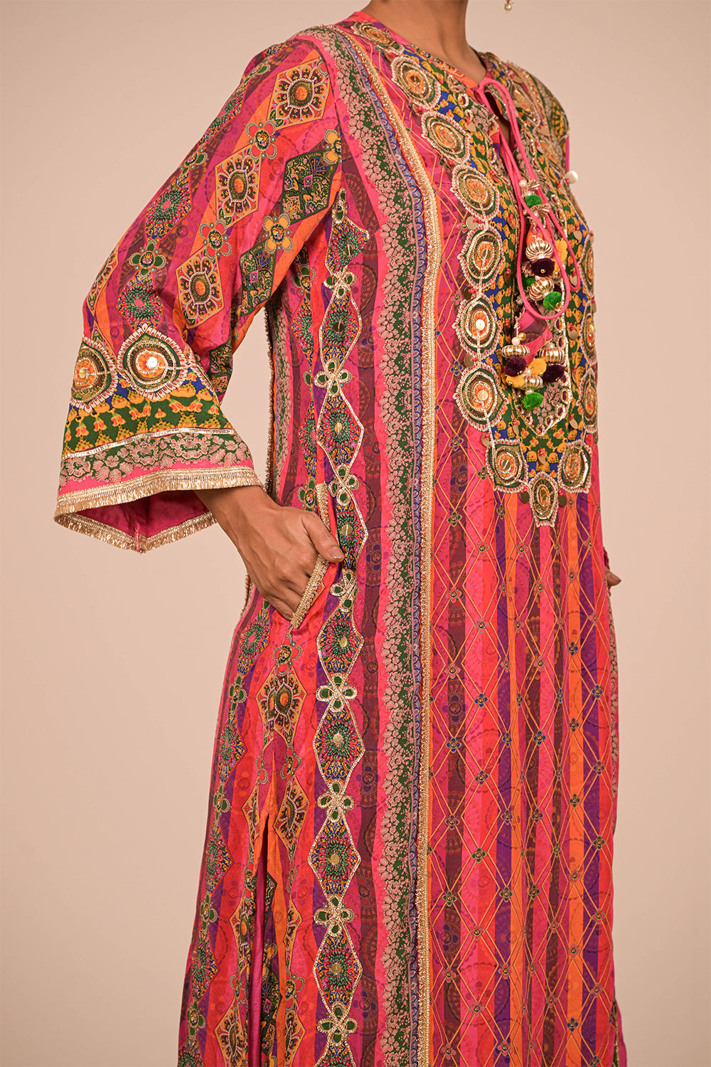 Magenta Embroidered Crepe A-Line Suit Set with Dupatta & Canvas Tote Bag