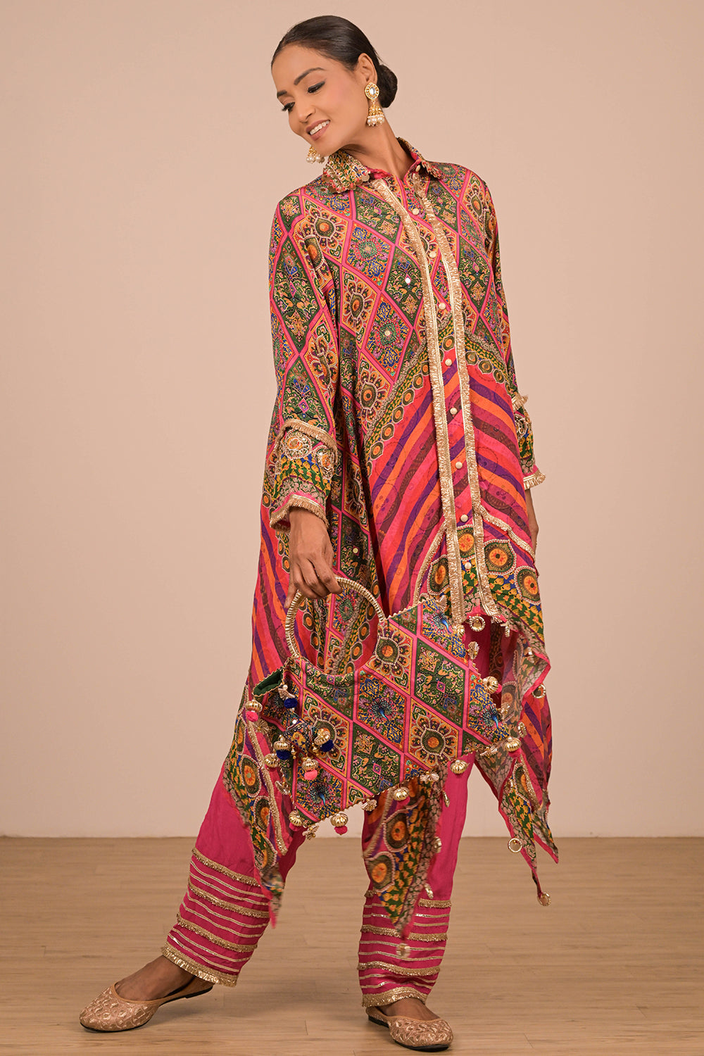 Magenta High-Low Kurta Set In Crepe Fabric with Canvas Tote Bag