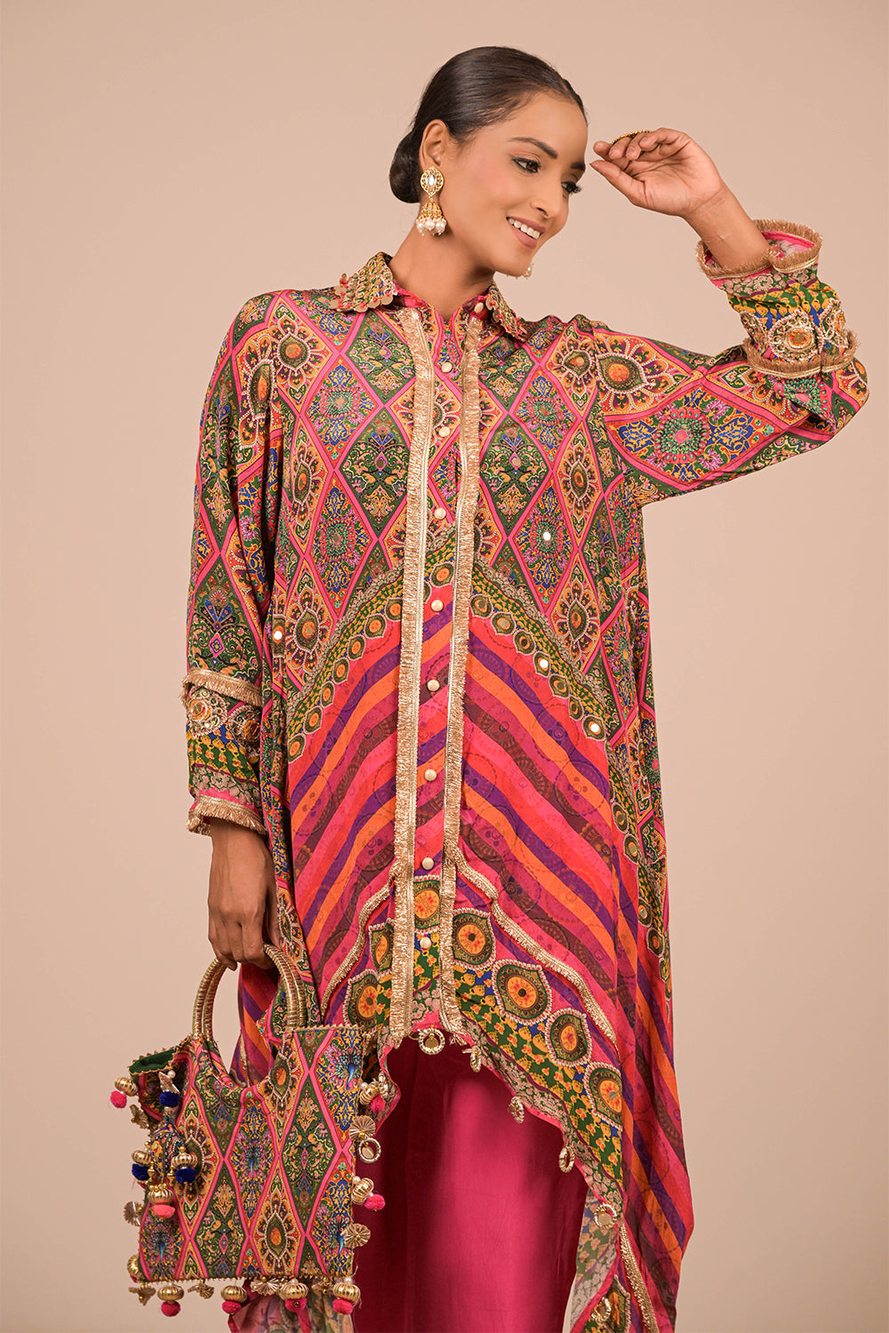 Magenta High-Low Kurta Set In Crepe Fabric with Canvas Tote Bag