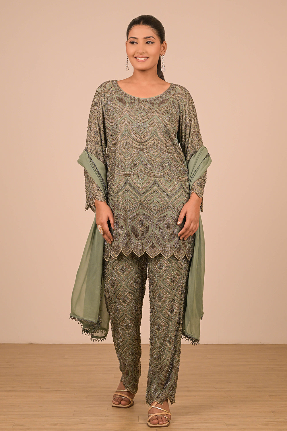 Mouse Grey Georgette Suit Set with Intricate Moti Embroidery