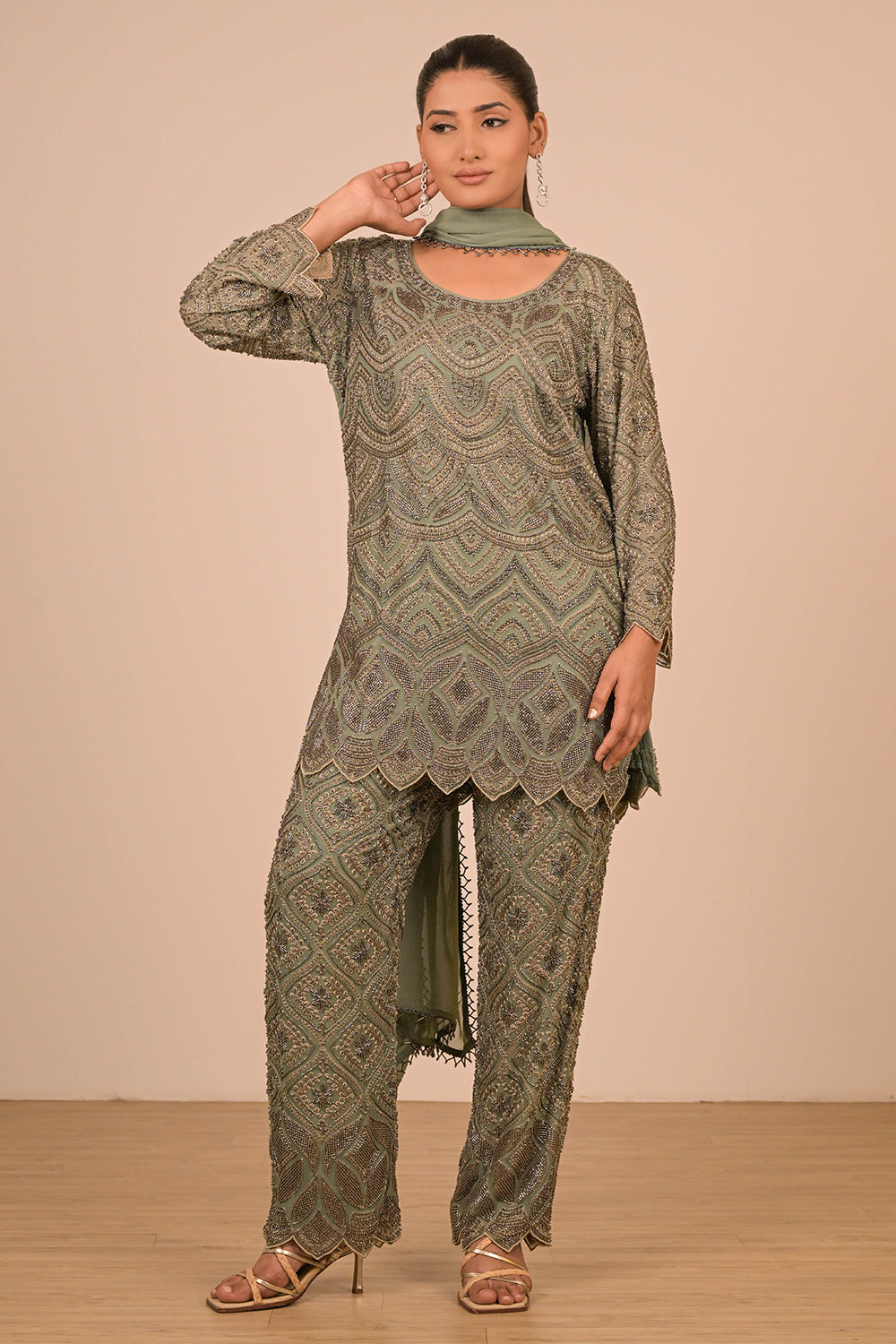 Mouse Grey Georgette Suit Set with Intricate Moti Embroidery