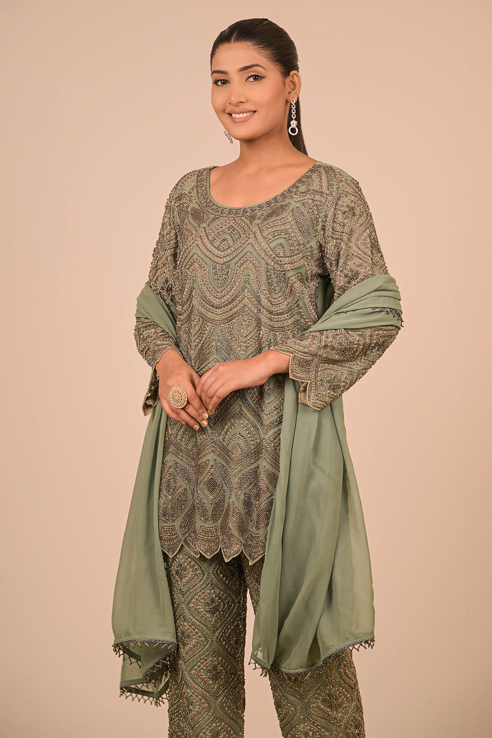 Mouse Grey Georgette Suit Set with Intricate Moti Embroidery