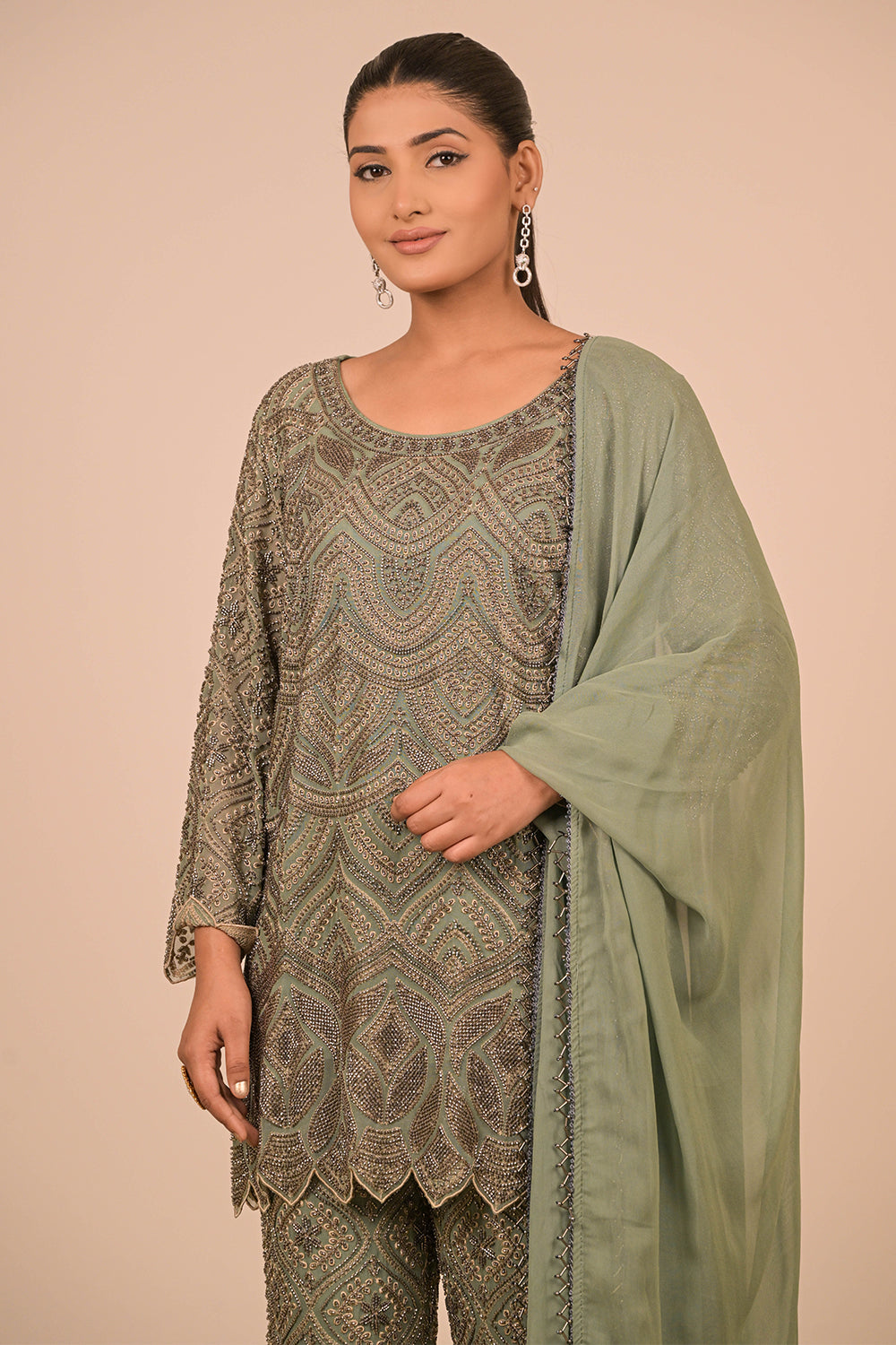 Mouse Grey Georgette Suit Set with Intricate Moti Embroidery