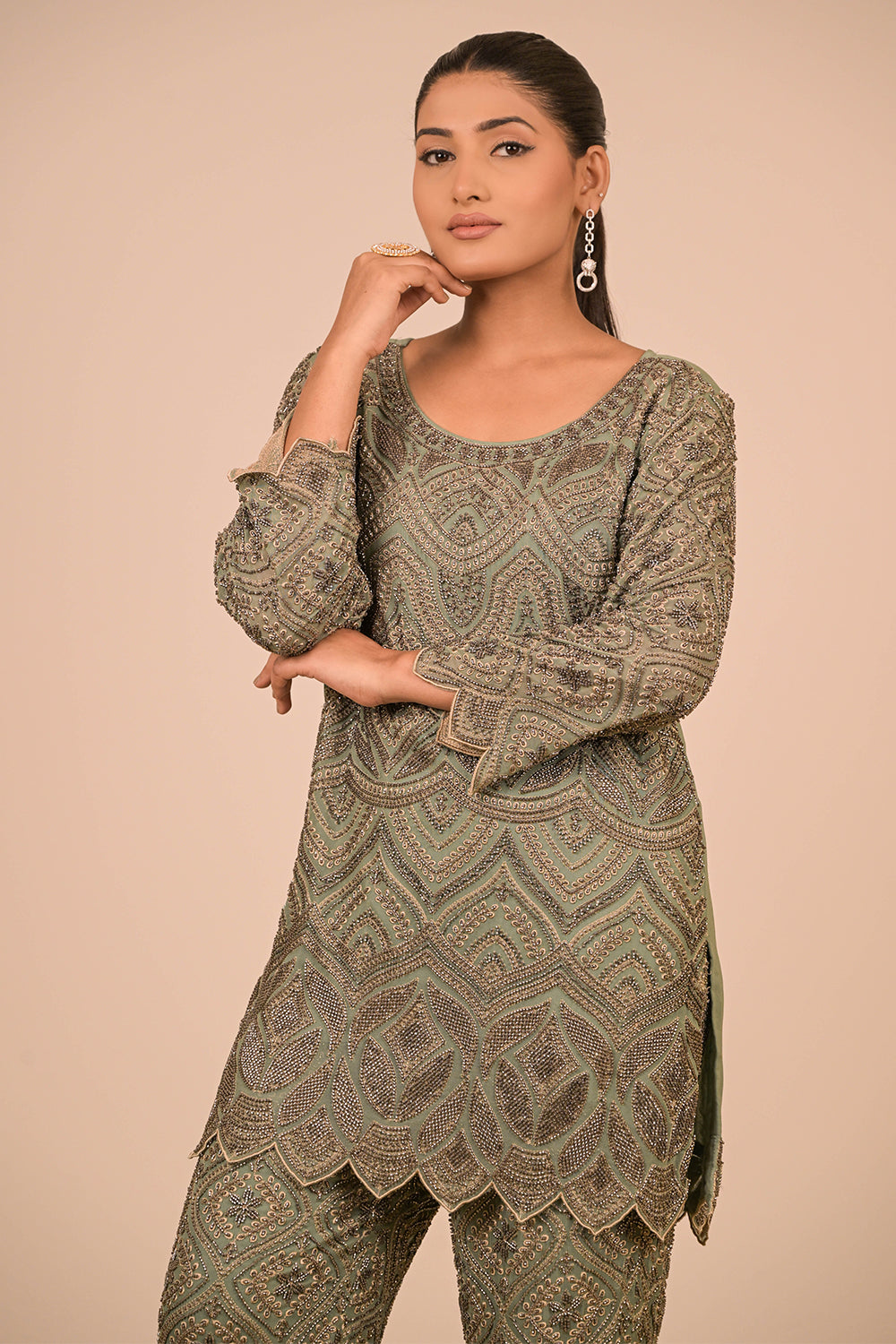 Mouse Grey Georgette Suit Set with Intricate Moti Embroidery