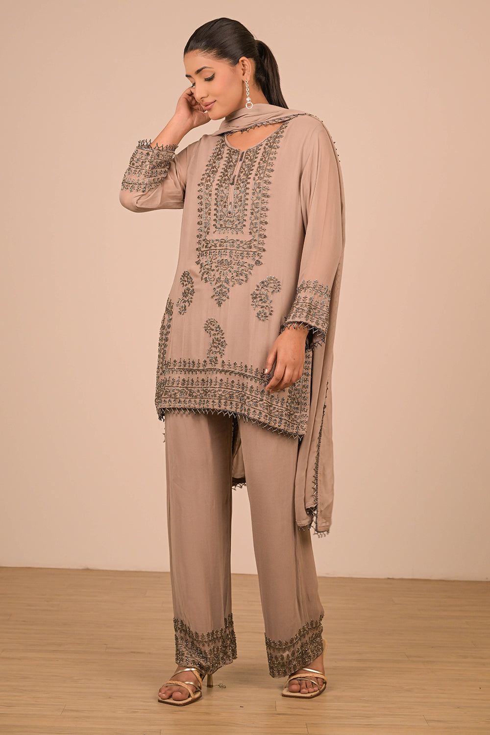Mouse Grey Pearl Embroidered Georgette Kurta Set