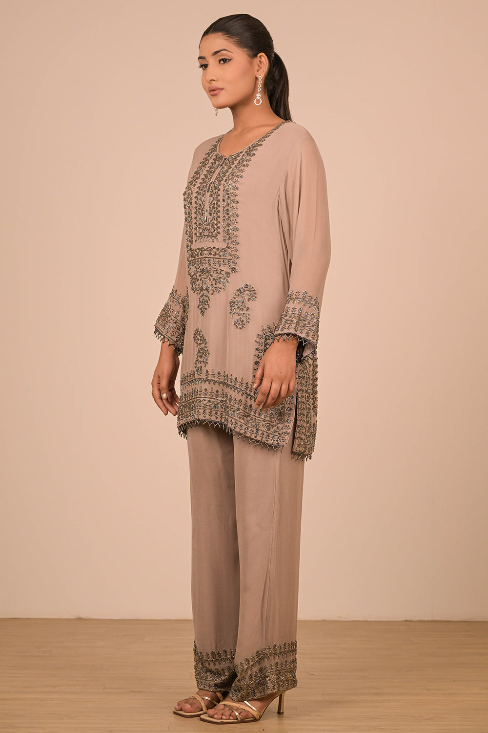 Mouse Grey Pearl Embroidered Georgette Kurta Set