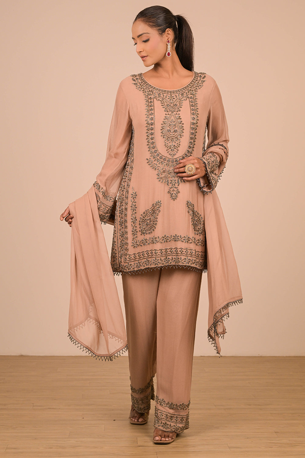 Mouse Pearl Embroidered Georgette Kurta Set