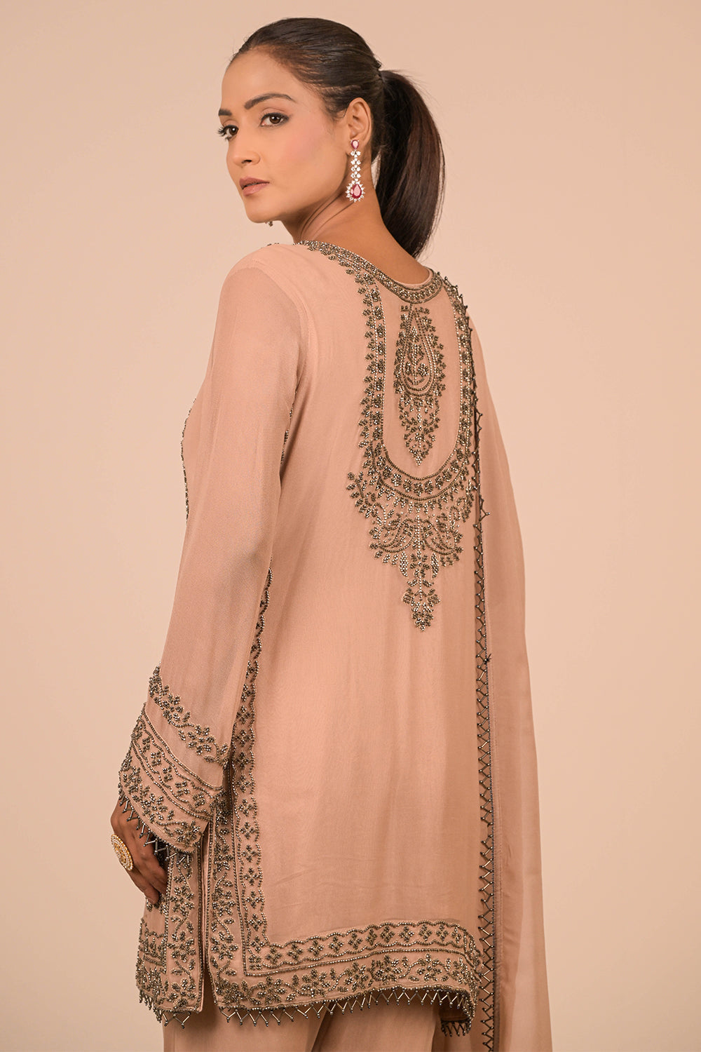 Mouse Pearl Embroidered Georgette Kurta Set