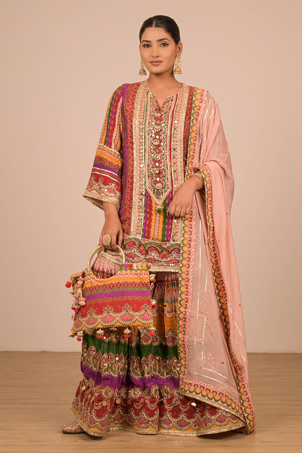 Multicolor Crepe Sharara Set with Canvas Tote Bag with Vibrant Print Motifs