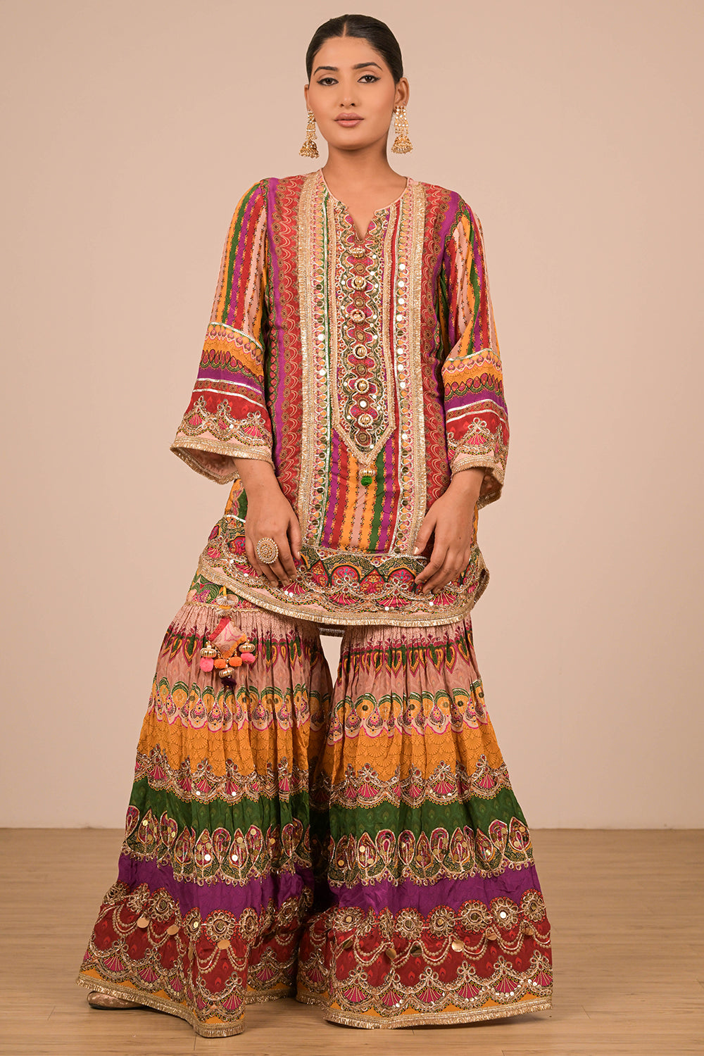 Multicolor Crepe Sharara Set with Canvas Tote Bag with Vibrant Print Motifs