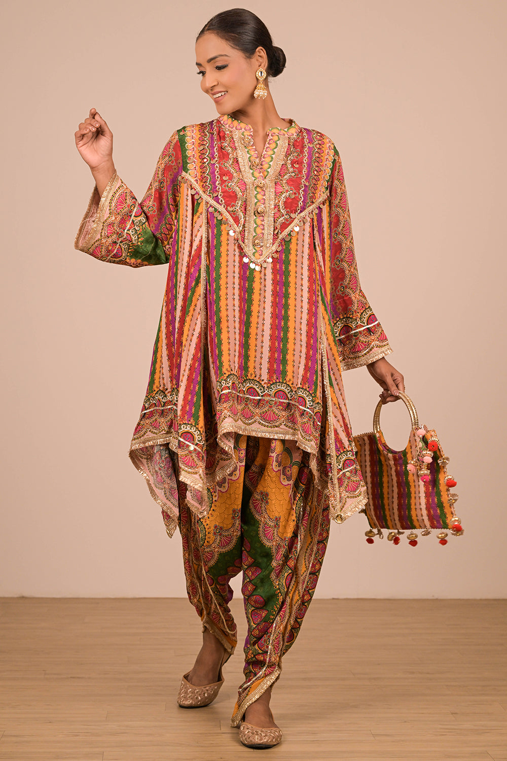 Multicolor Crepe Tulip Pant Suit with Mirror Embroidery and Designer Canvas Tote Bag