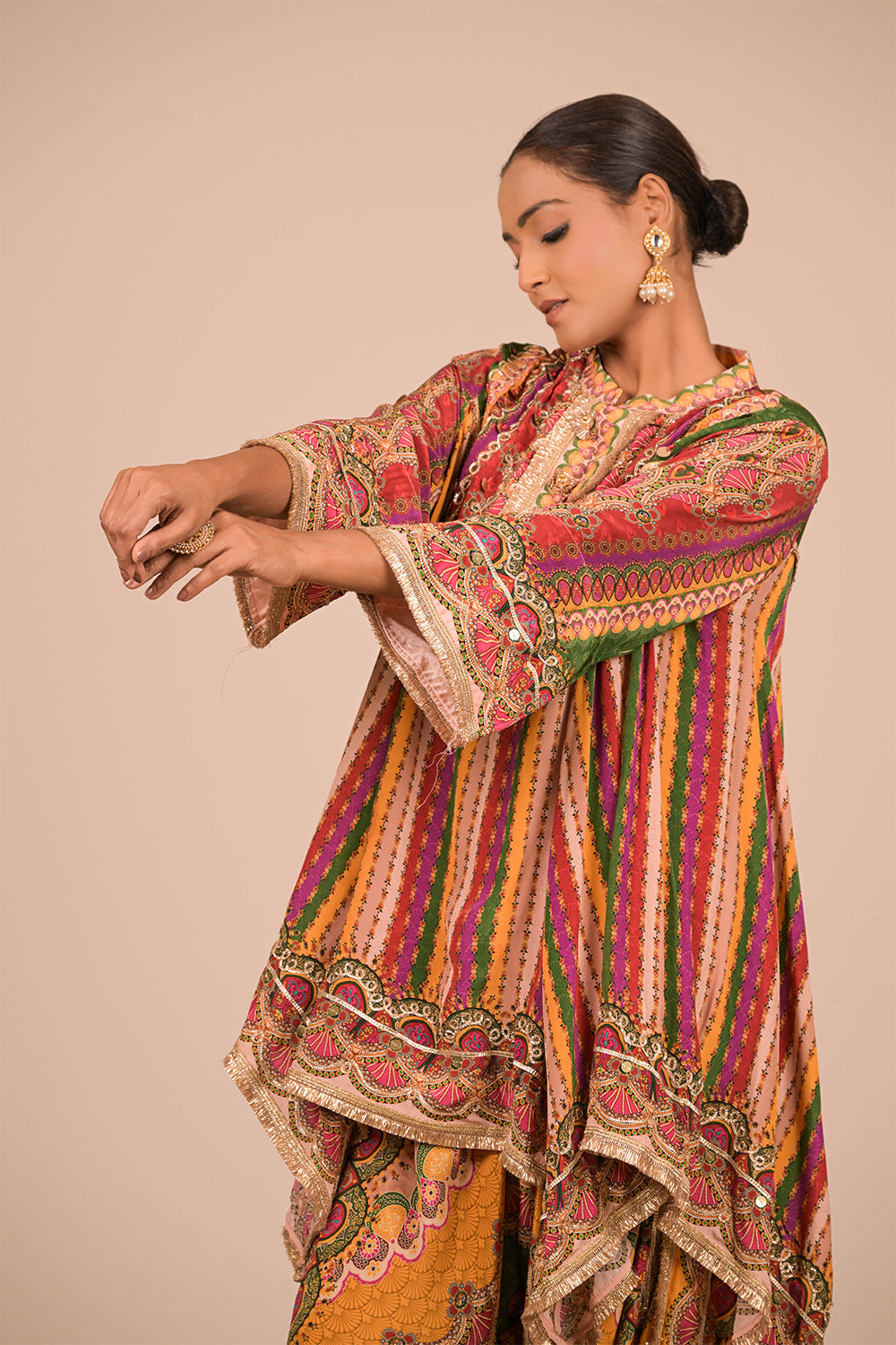 Multicolor Crepe Tulip Pant Suit with Mirror Embroidery and Designer Canvas Tote Bag