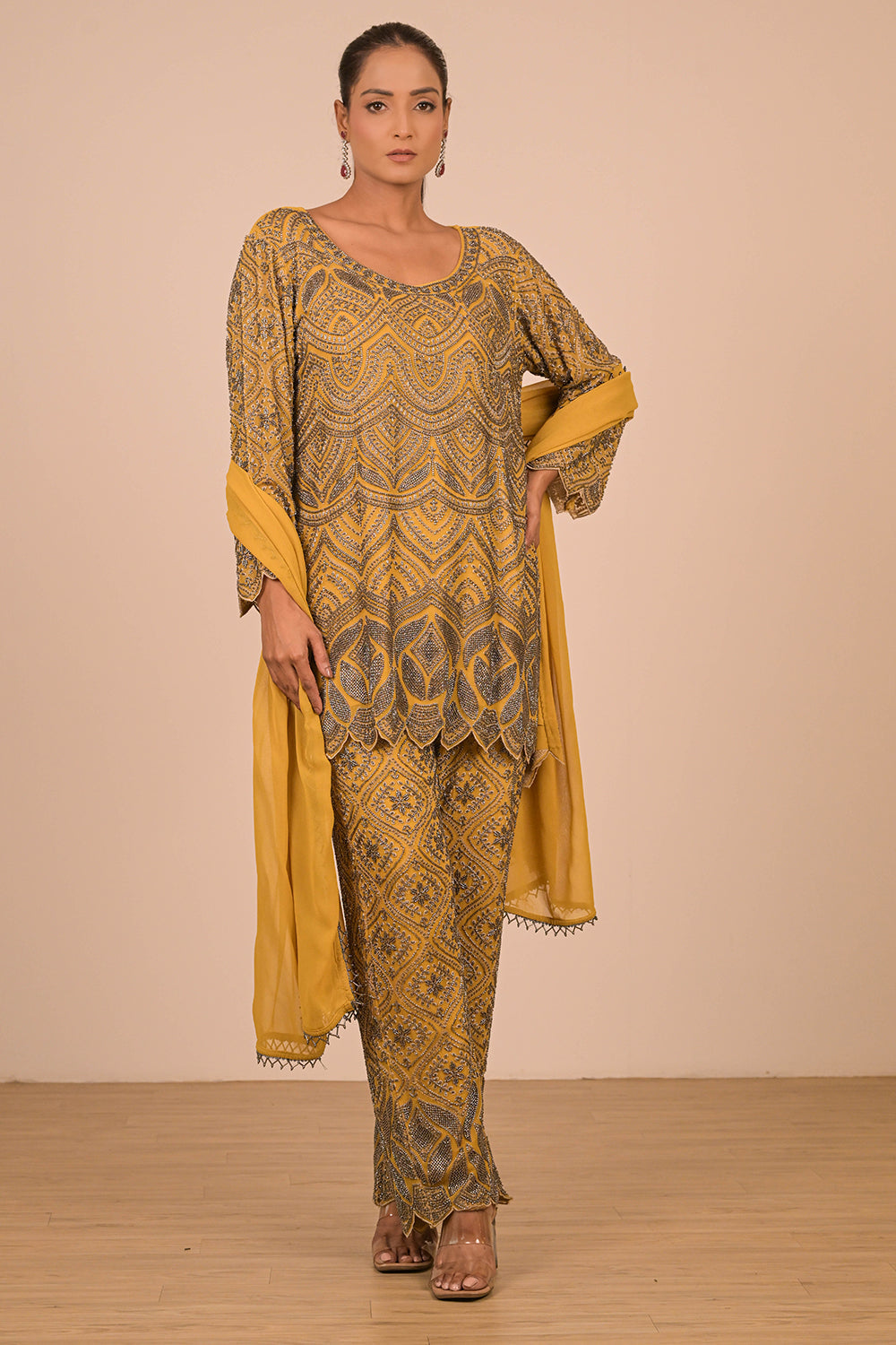 Mustard Georgette Suit Set with Intricate Moti Embroidery